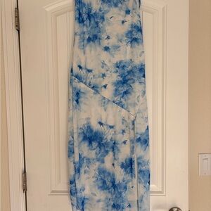 Blue and White Tie-Dye Maxi Dress w/ slit